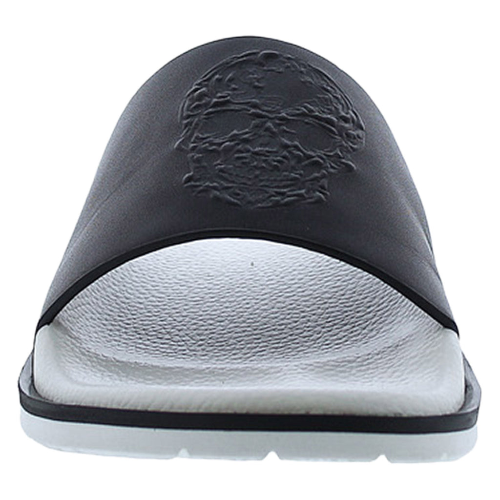 Mens Black Leather Slide Sandals With Geometric Cutouts For Modern Men Premium Comfort And Timeless Style