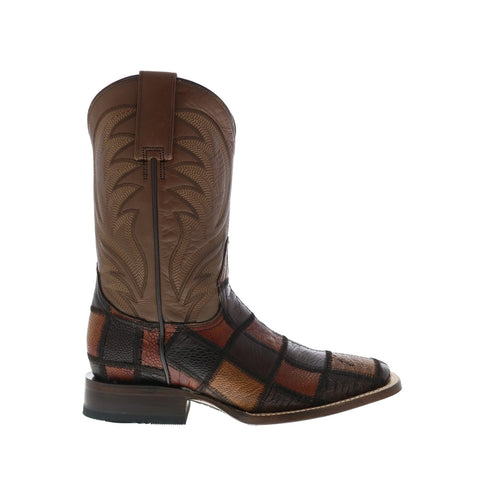 Roper Ostrich Leg Check Patchwork Mens Brown Leather Cowboy Western Boots