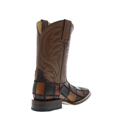 Roper Ostrich Leg Check Patchwork Mens Brown Leather Cowboy Western Boots