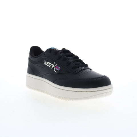 Reebok Club C Double Womens Black Leather Lace Up Lifestyle Sneakers Shoes