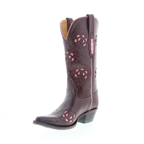 Jama Old West 18057 Womens Brown Leather Slip On Cowboy Western Boots