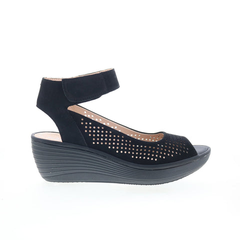 Clarks Reedly Salene 26124822 Womens Black Nubuck Wedges Sandals Shoes