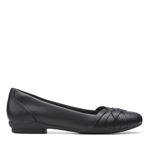 Clarks Sara Clover 26157698 Womens Black Wide Leather Ballet Flats Shoes