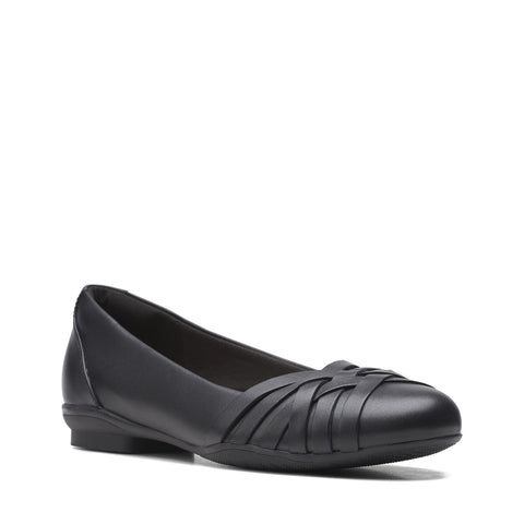Clarks Sara Clover 26157698 Womens Black Wide Leather Ballet Flats Shoes