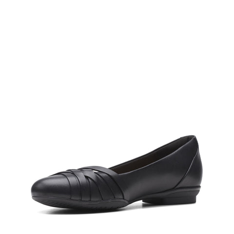 Clarks Sara Clover 26157698 Womens Black Wide Leather Ballet Flats Shoes