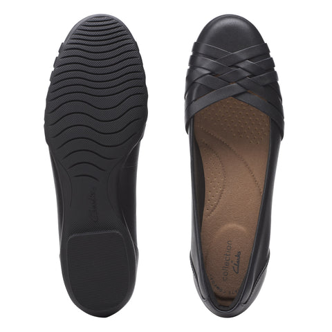 Clarks Sara Clover 26157698 Womens Black Wide Leather Ballet Flats Shoes
