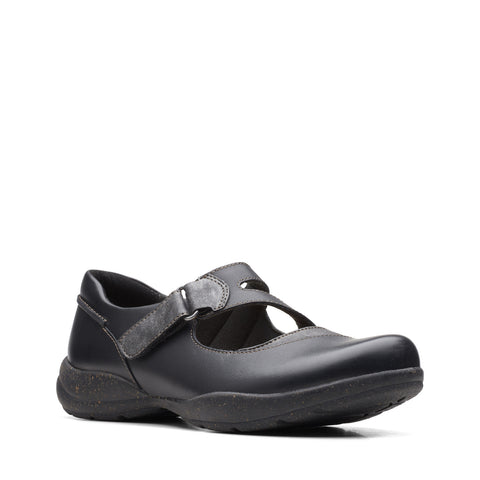 Clarks Roseville Jane 26161992 Womens Black Leather Mary Jane Flats Shoes