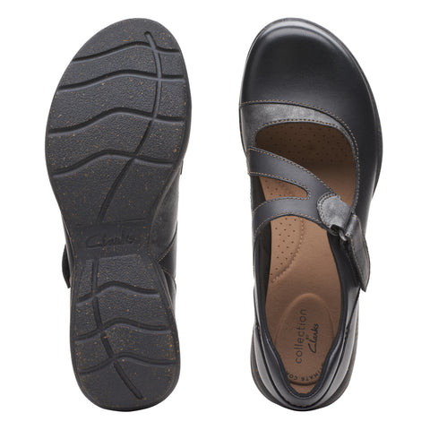 Clarks Roseville Jane 26161992 Womens Black Leather Mary Jane Flats Shoes
