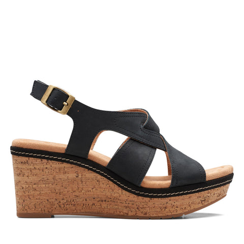 Clarks Elleri Rae 26171444 Womens Black Wide Nubuck Wedges Sandals Shoes