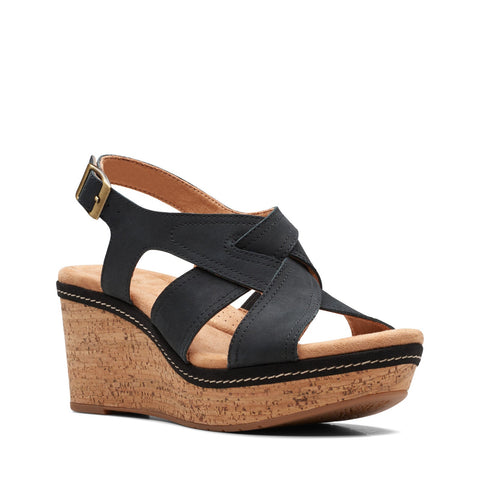 Clarks Elleri Rae 26171444 Womens Black Wide Nubuck Wedges Sandals Shoes