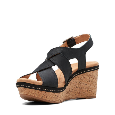 Clarks Elleri Rae 26171444 Womens Black Wide Nubuck Wedges Sandals Shoes