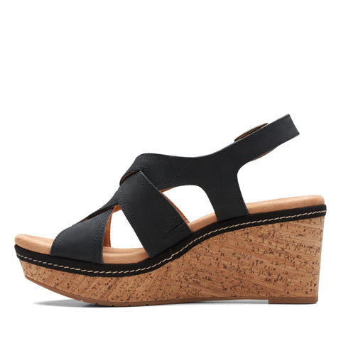Clarks Elleri Rae 26171444 Womens Black Wide Nubuck Wedges Sandals Shoes