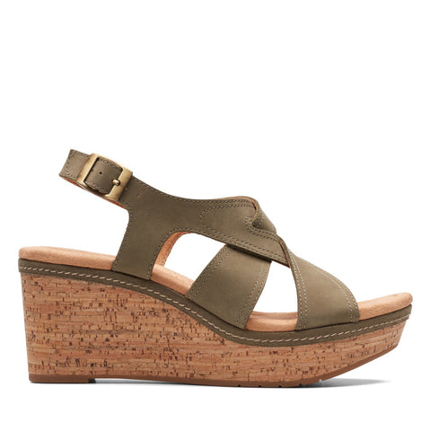 Clarks Elleri Rae 26171446 Womens Green Wide Nubuck Wedges Sandals Shoes