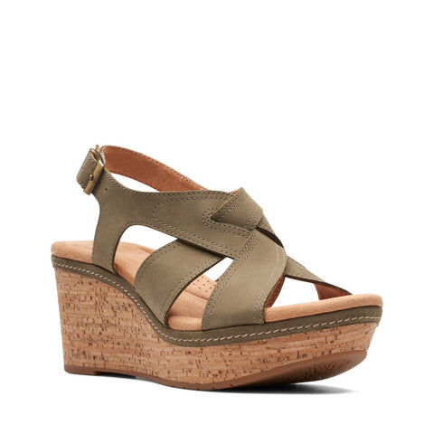 Clarks Elleri Rae 26171446 Womens Green Wide Nubuck Wedges Sandals Shoes