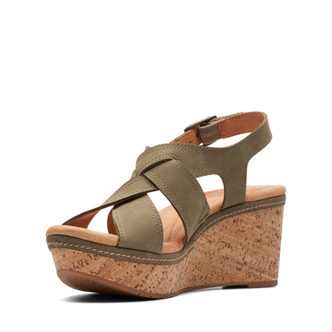 Clarks Elleri Rae 26171446 Womens Green Wide Nubuck Wedges Sandals Shoes