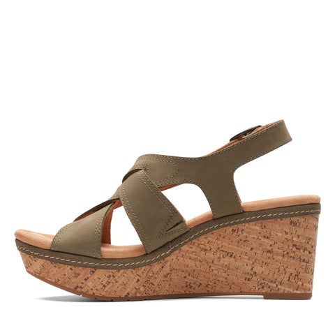 Clarks Elleri Rae 26171446 Womens Green Wide Nubuck Wedges Sandals Shoes