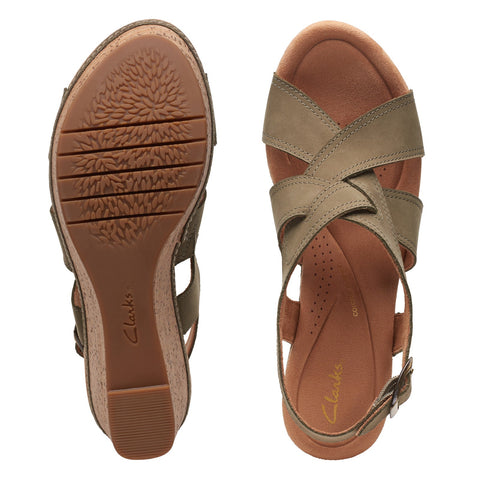 Clarks Elleri Rae 26171446 Womens Green Wide Nubuck Wedges Sandals Shoes