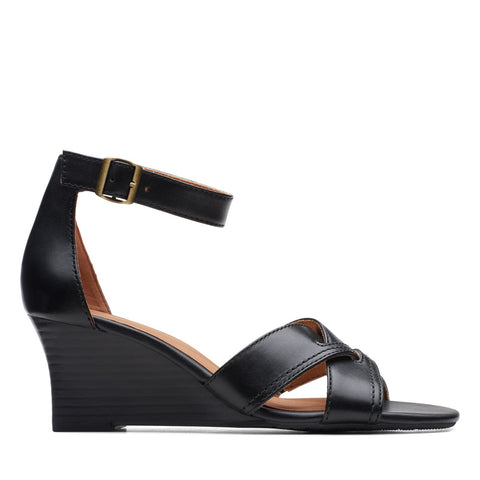 Clarks Cielo Charm 26171524 Womens Black Wide Leather Heeled Sandals Shoes