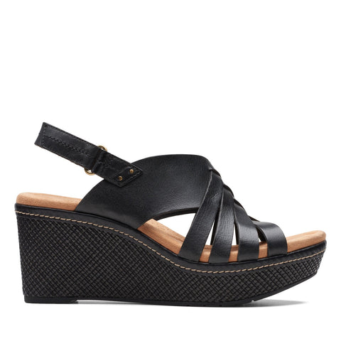 Clarks Elleri Grace 26171531 Womens Black Wide Leather Wedges Sandals Shoes