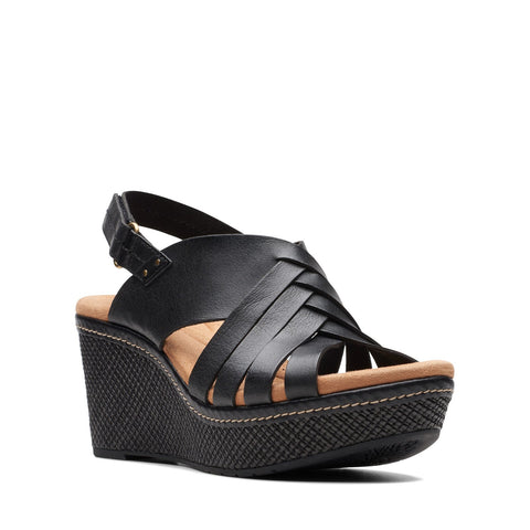 Clarks Elleri Grace 26171531 Womens Black Wide Leather Wedges Sandals Shoes