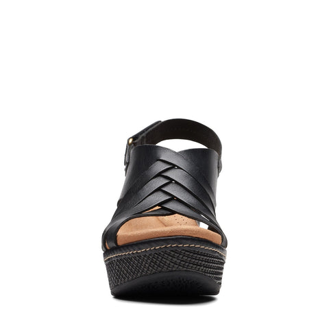Clarks Elleri Grace 26171531 Womens Black Leather Strap Wedges Sandals Shoes