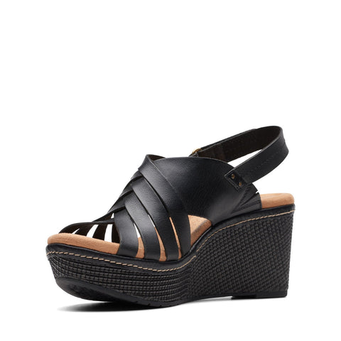 Clarks Elleri Grace 26171531 Womens Black Wide Leather Wedges Sandals Shoes