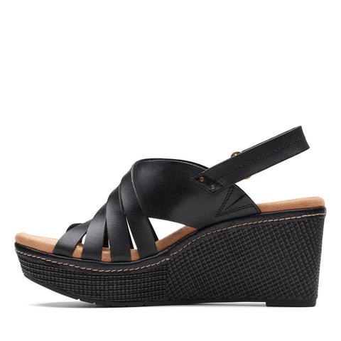 Clarks Elleri Grace 26171531 Womens Black Leather Strap Wedges Sandals Shoes