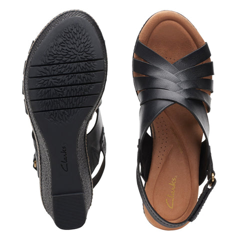 Clarks Elleri Grace 26171531 Womens Black Wide Leather Wedges Sandals Shoes
