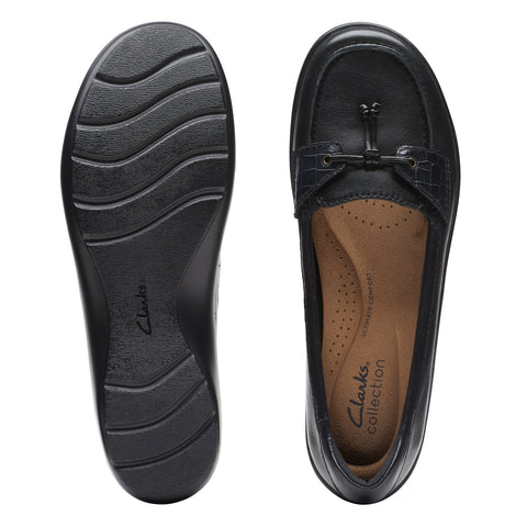 Clarks Cora Haley 26174486 Womens Black Leather Loafer Flats Shoes