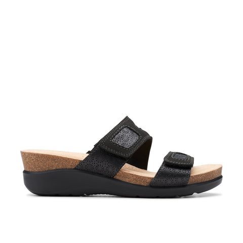 Clarks Calenne Maye 26177042 Womens Black Wide Leather Wedges Sandals Shoes