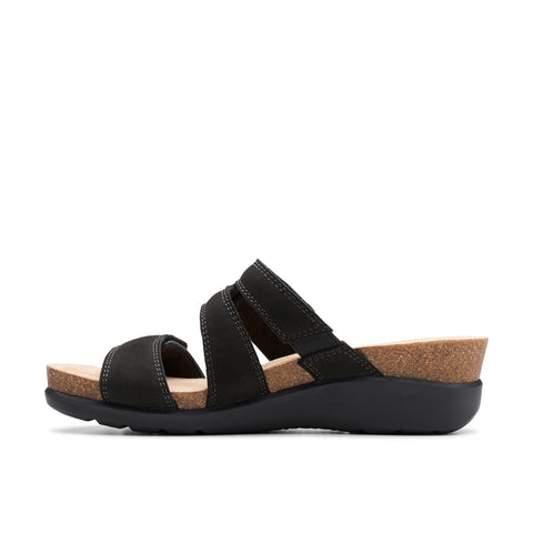 Clarks Calenne Maye 26177042 Womens Black Wide Leather Wedges Sandals Shoes