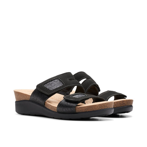 Clarks Calenne Maye 26177042 Womens Black Wide Leather Wedges Sandals Shoes