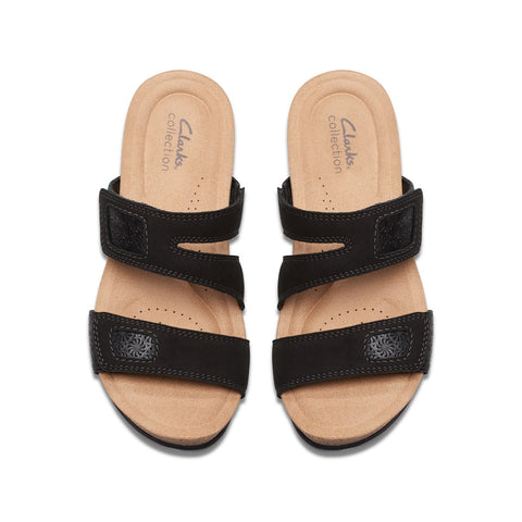 Clarks Calenne Maye 26177042 Womens Black Wide Leather Wedges Sandals Shoes