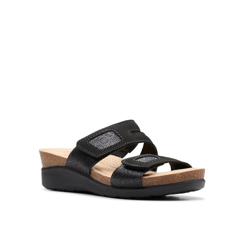 Clarks Calenne Maye 26177042 Womens Black Wide Leather Wedges Sandals Shoes