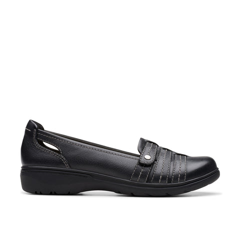 Clarks Carleigh Eliza 26177050 Womens Black Wide Leather Loafer Flats Shoes