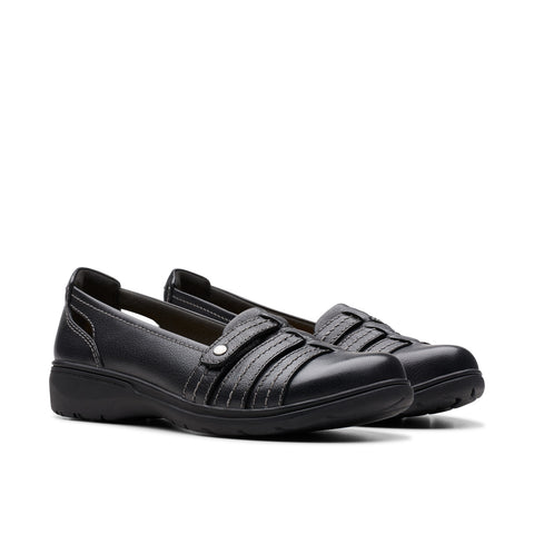 Clarks Carleigh Eliza 26177050 Womens Black Wide Leather Loafer Flats Shoes