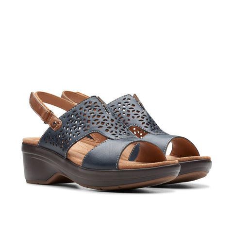 Clarks Tuleah Sun 26177384 Womens Blue Leather Strap Wedges Sandals Shoes
