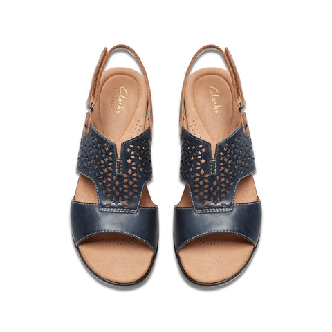 Clarks Tuleah Sun 26177384 Womens Blue Leather Strap Wedges Sandals Shoes