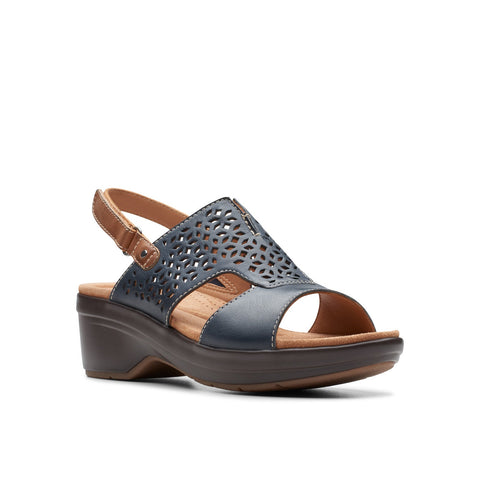 Clarks Tuleah Sun 26177384 Womens Blue Leather Strap Wedges Sandals Shoes