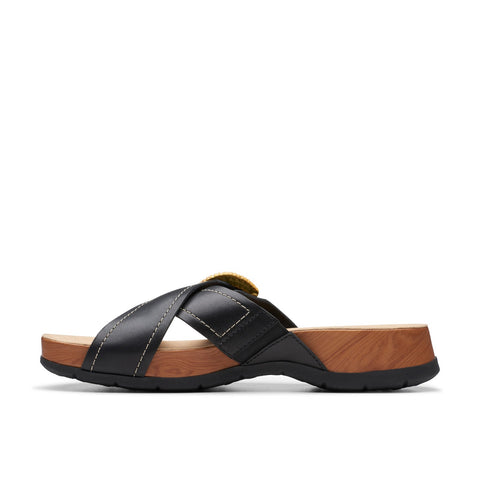 Clarks Reileigh Bay 26177422 Womens Black Leather Slides Sandals Shoes