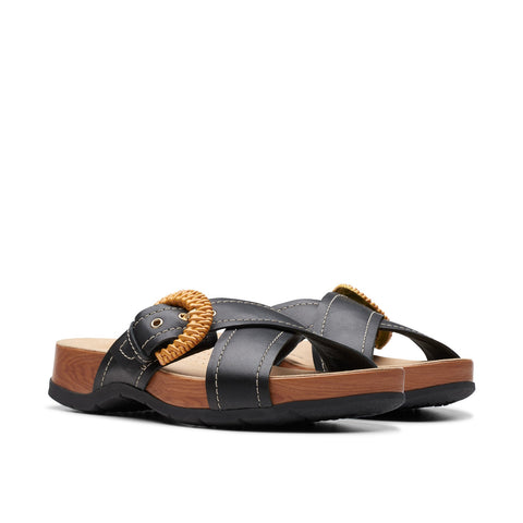 Clarks Reileigh Bay 26177422 Womens Black Leather Slides Sandals Shoes