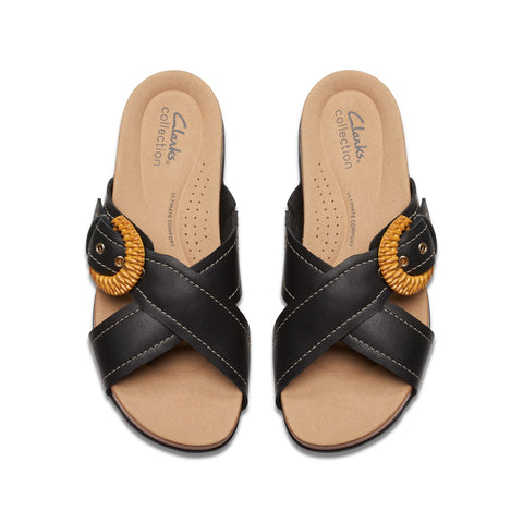 Clarks Reileigh Bay 26177422 Womens Black Leather Slides Sandals Shoes