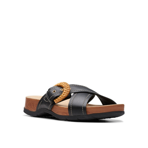 Clarks Reileigh Bay 26177422 Womens Black Leather Slides Sandals Shoes