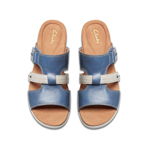 Clarks Tuleah Jane 26178130 Womens Blue Wide Leather Heeled Sandals Shoes