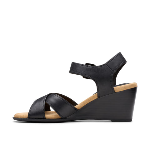 Clarks Emmalae Iris 26181664 Womens Black Wide Leather Wedges Heels Shoes