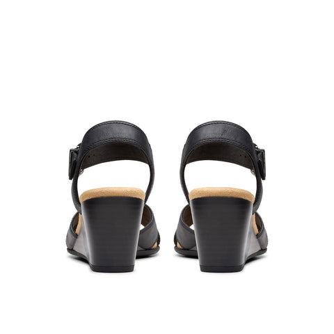 Clarks Emmalae Iris 26181664 Womens Black Wide Leather Wedges Heels Shoes
