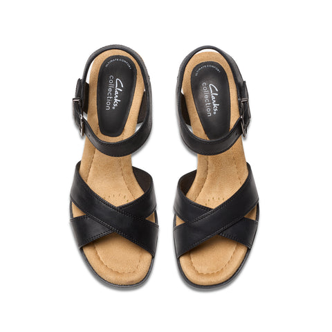 Clarks Emmalae Iris 26181664 Womens Black Wide Leather Wedges Heels Shoes
