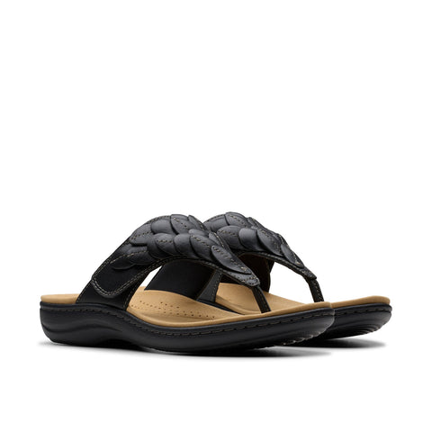 Clarks Laurieann Palm 26181702 Womens Black Leather Flip-Flops Sandals Shoes