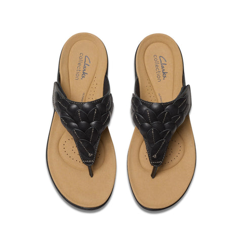 Clarks Laurieann Palm 26181702 Womens Black Leather Flip-Flops Sandals Shoes