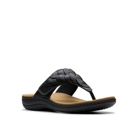 Clarks Laurieann Palm 26181702 Womens Black Leather Flip-Flops Sandals Shoes